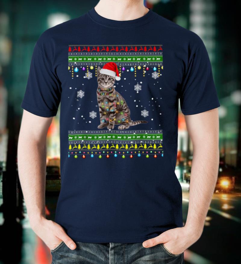 Cute Cat Christmas Hat Light Funny Lover Holiday T-Shirt