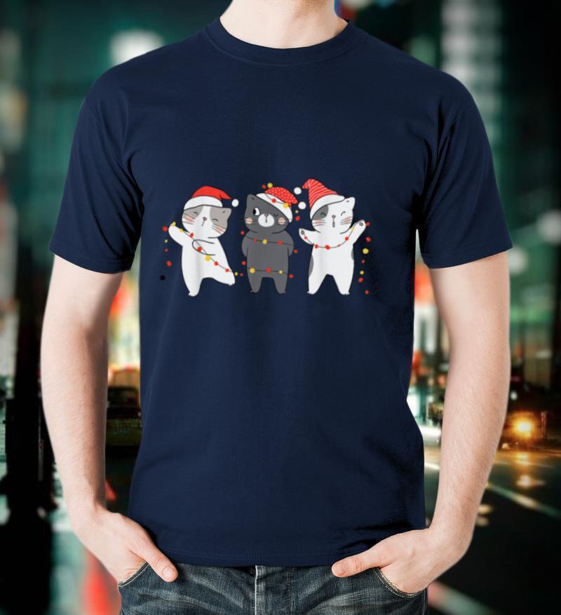 Funny Cats, Christmas Lights & Red Hat Cute Cat Lovers Gift T Shirt