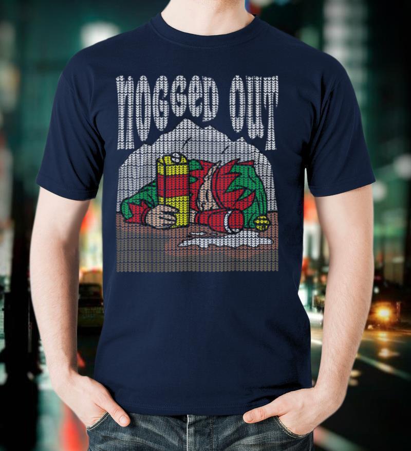 Nogged Out Elf Drinking Egg Nog Funny Ugly Christmas Sweater T Shirt