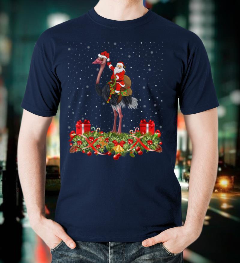 Ostrich Bird Lover Xmas Gift Santa Riding Ostrich Christmas T Shirt