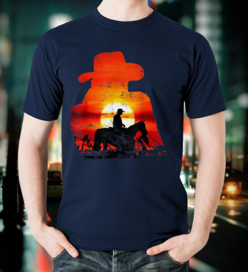 Vintage Western Sunset Cowboy Horse Riding Rodeo Mens Boy T Shirt