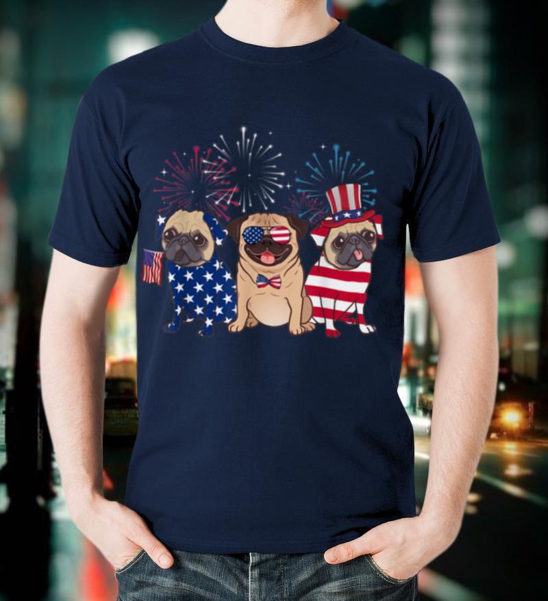 4th Of July Dog Three Pug Dogs Cool American Flag Patriotic T-Shirt