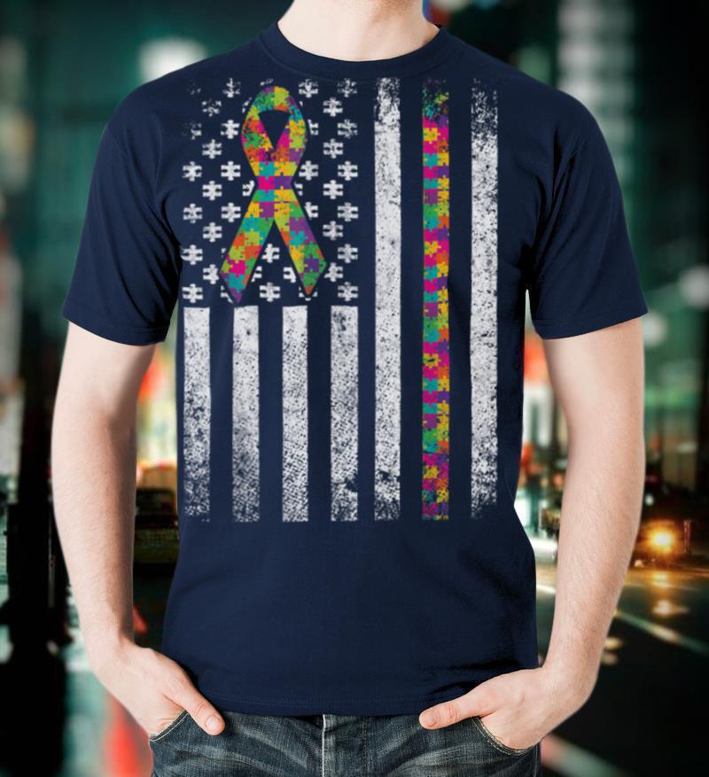 Autism Awareness American Flag Autism Puzzle 4th Of July T-Shirt