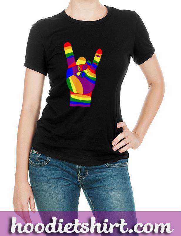 Heavy Metal hand, devil horns, LGBT pride flag colors T Shirt