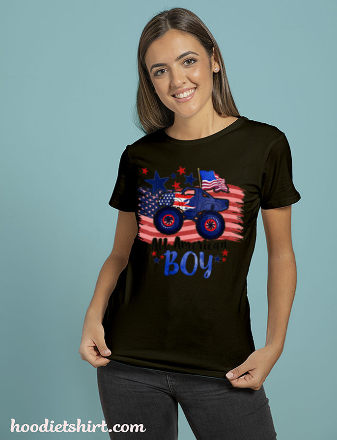 Kids All American Boy Monster Truck Boy 4th July American Flag T Shirt