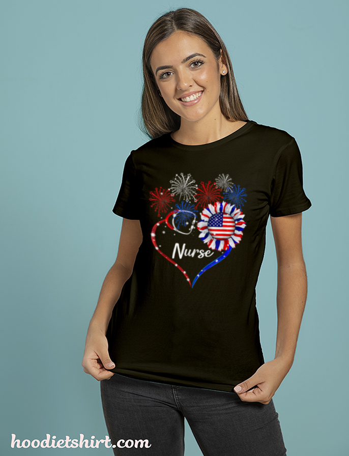 Patriotic Nurse 4th Of July American Flag Sunflower Love T Shirt