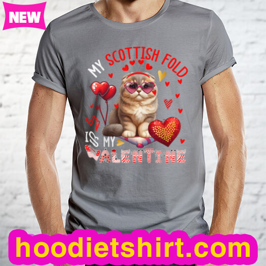 Scottish Fold Is My Valentine Cat Sunglasses Hearts Colorful Long Sleeve T-Shirt