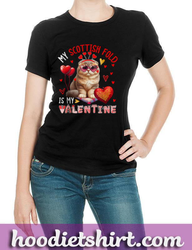 Scottish Fold Is My Valentine Cat Sunglasses Hearts Colorful T-Shirt